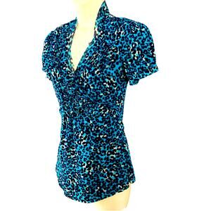 INC Turquoise Blue Leopard Print V Neck Top Feminine Gauzy Ruffled Layers
